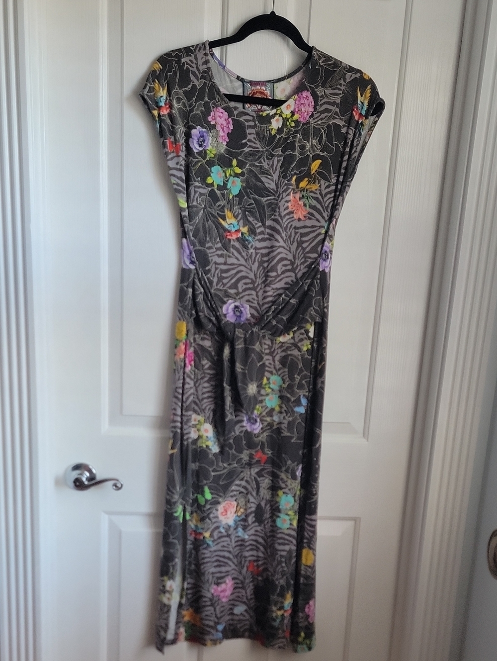 Johnny Was Floral Print Gray Midi Dress with Tie Waist Birds Small S